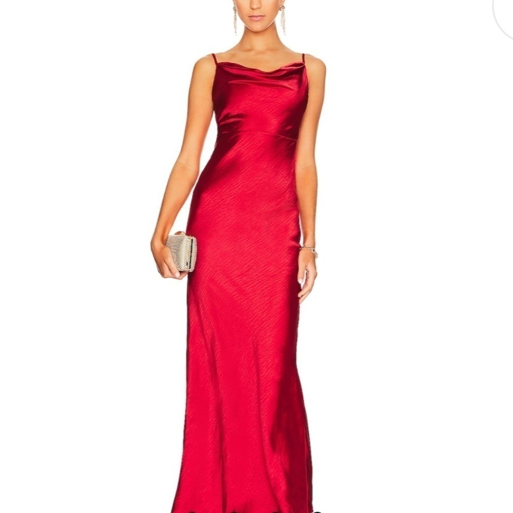 Lovers and Friends- Red Satin Cowl Neck Thin Strap Maci Dress